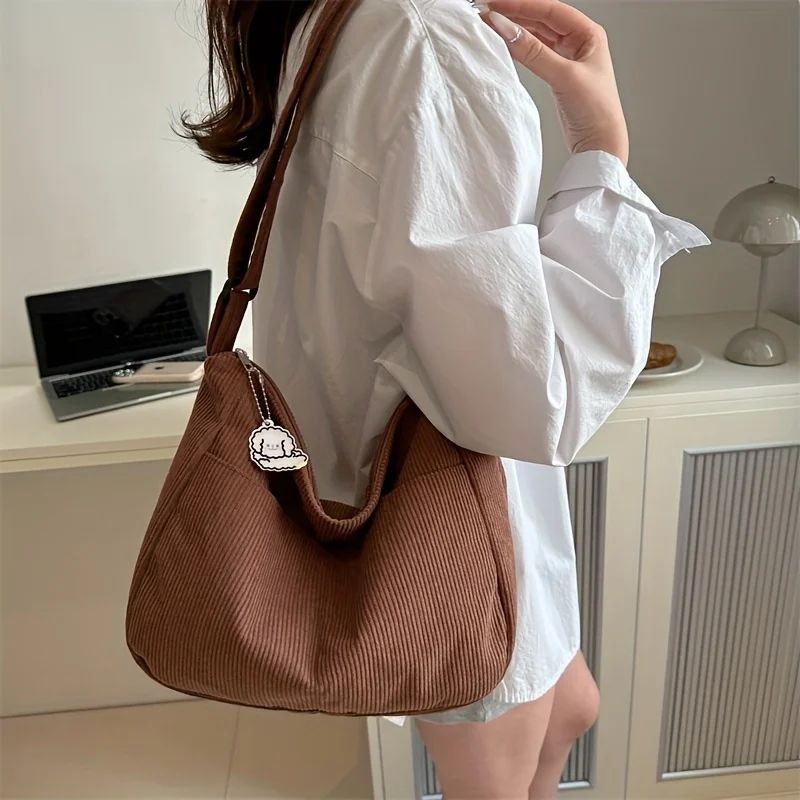 Women’s Corduroy Shoulder Bag, Casual Striped Large Capacity Tote with Zipper Closure, Cute Hat Patch, Perfect for Everyday Use