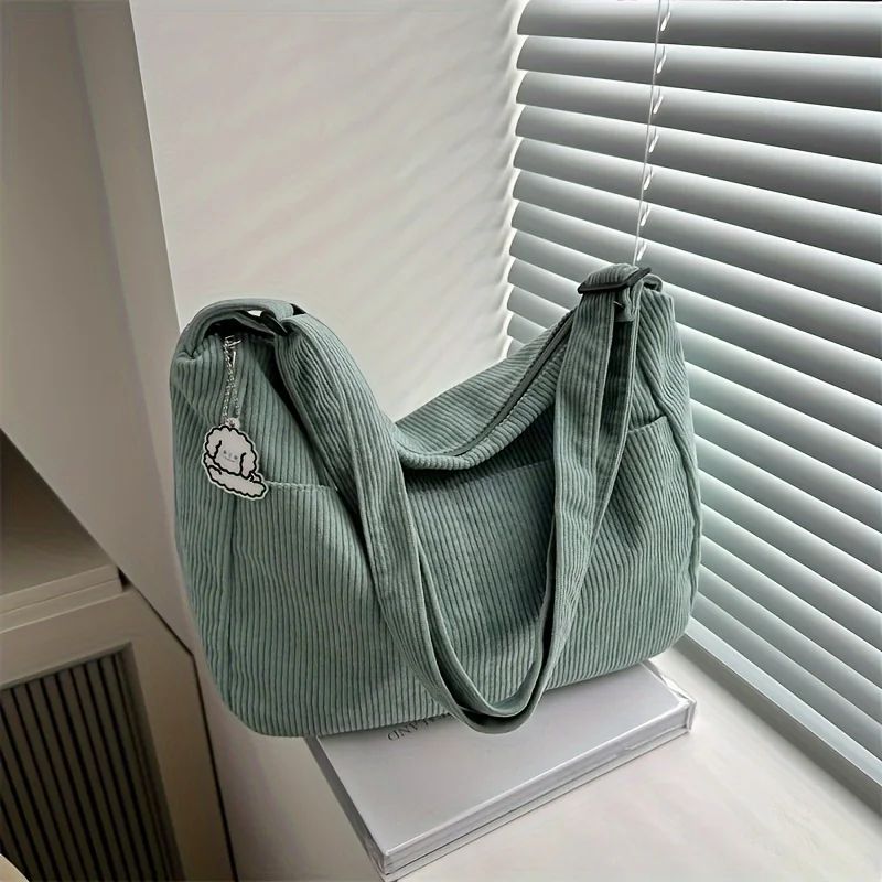 Women’s Corduroy Shoulder Bag, Casual Striped Large Capacity Tote with Zipper Closure, Cute Hat Patch, Perfect for Everyday Use